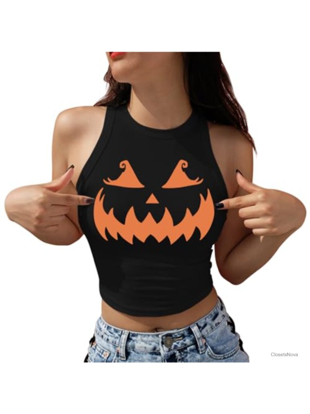 Halloween Skeleton Pumpkin Print Crop Tank Top Sleeveless High Neck
